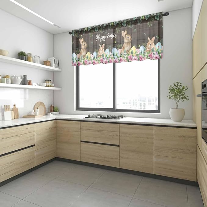 Easter Sheer Valances for Windows 60"x18", Light Filtering Kitchen Curtains Valance, Spring Watercolor Bunny Eggs Flower Leaf Wood Grain Rod Pocket Chiffon Curtains for Living Room Bedroom Cafe