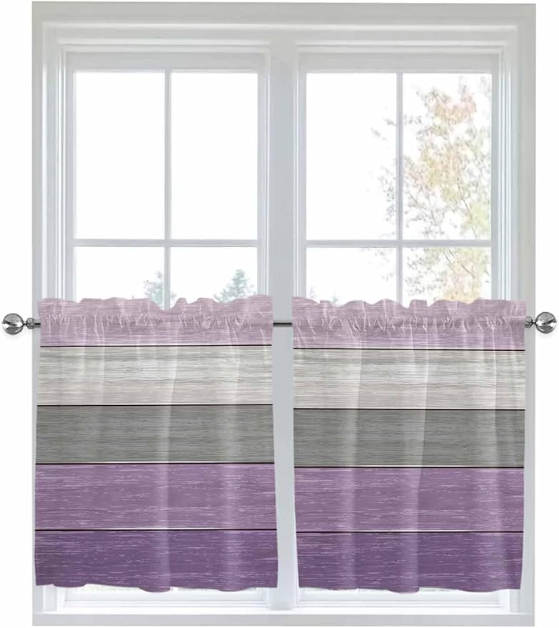 Country Wood Board Gray Purple Window Valance Curtains, Farmhouse Gradient Plank Light Filtering Kitchen Valance with 3-inch Rod Pocket for Living Room Bathroom Bedroom,2 Panel,27.5x36In