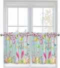 Happy Easter Half Window Curtains 24 Inches Long, Spring Bunny Eggs Flower Teal Wood Grain Window Treatment Curtain Drapes, Short Curtains Tiers for Kitchen Over Sink, 27.5"x24", 2 Panels