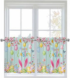 Happy Easter Half Window Curtains 24 Inches Long, Spring Bunny Eggs Flower Teal Wood Grain Window Treatment Curtain Drapes, Short Curtains Tiers for Kitchen Over Sink, 27.5"x24", 2 Panels