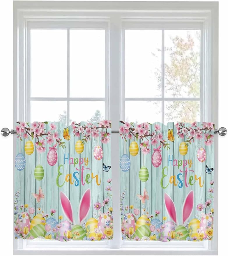 Happy Easter Half Window Curtain 36 Inches Long, Spring Bunny Eggs Flower Teal Wood Grain Window Treatment Curtain Drapes, Small Tier Curtains for Bathroom Over Sink, 27.5"x36", 2 Panels