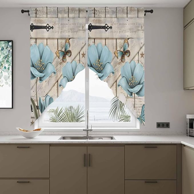 Teal Blue Tulips Swag Valances for Windows, Spring Floral Barn Doors Vintage Wood Beige Rod Pocket Kitchen Curtains Valance, Small Window Curtains Swag for Cafe Living Room, 2 Panels, 28x36 inch