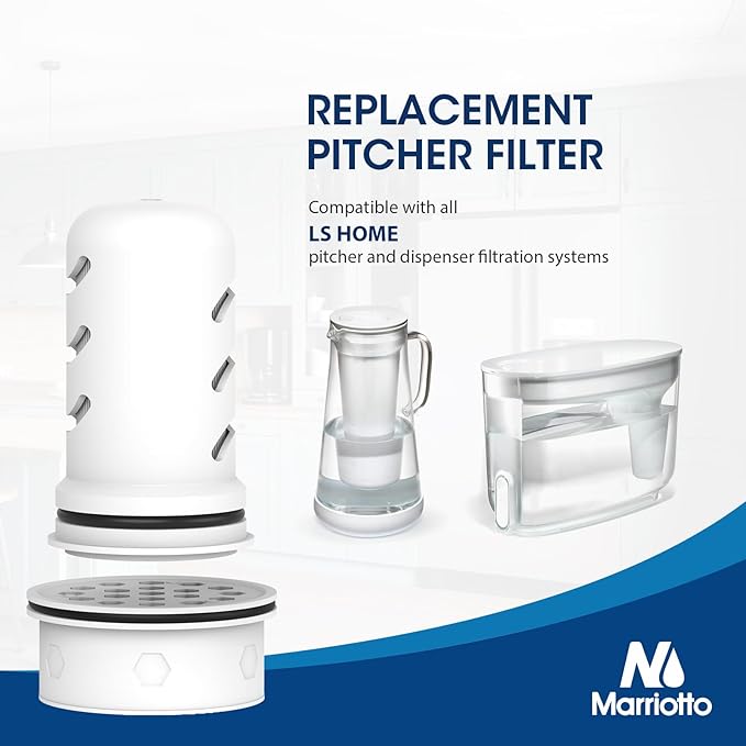 MARRIOTTO Water Filter Replacement for LS Home Glass Pitcher 7 Cup/Plastic Pitcher 7 Cup, 2 Membrane Micro Filter and 2 Activated Carbon + Ion Exchange Filter