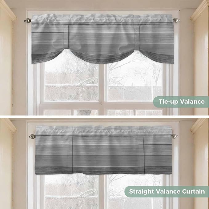 Grey Ombre Wooden Tie Up Valance Curtains for Windows, Kitchen Curtains Window Shades, Farmhouse Retro Gray Wood Gradient Light Filtering Roman Curtain Valances for Bedroom/Bathroom/Cafe 54"x18"