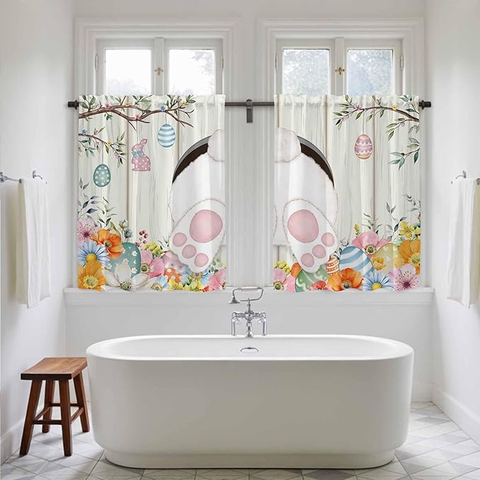 Easter Kitchen Curtains 45 Inch Long 2 Panel Set, Rod Pocket Window Treatment, Spring Farmhouse Watercolor Bunny Eggs Wood Grain Light Filtering Panels Short Drapes for Bathroom Camper 42"W x 45"L