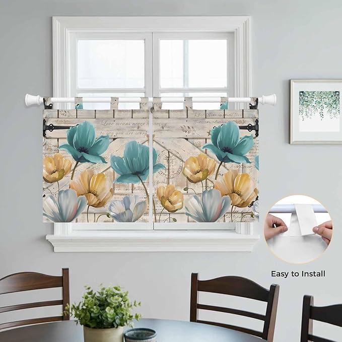 Watercolor Flowers Kitchen Curtains 36 Inch Length, Small Window Curtains Tab Top, Vintage Tulips Floral Barn Doors Wood Grain Light Filtering Short Window Treatments Tier Drapes 27.5"x36" 2 Panel