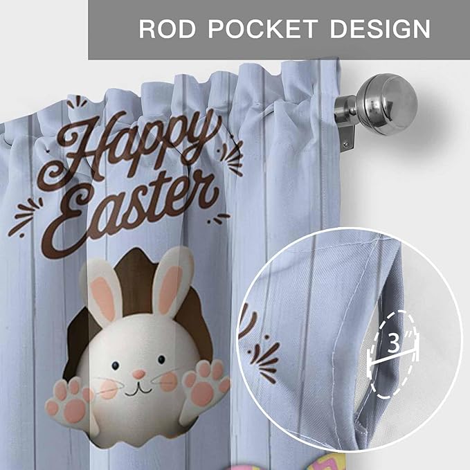 Blue Easter Curtain Valances for Windows, Kitchen Valance Window Treatment, Spring Cartoon Bunny Colorful Eggs Wood Grain Light Filtering Block Curtains for Bathroom/Bedroom/Living Room 60'' x 18''