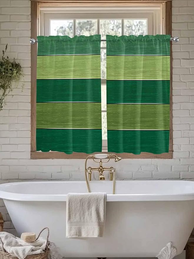 Farm Retro Green Wood Grain Window Valance Curtains, Rustic Wooden Plank Texture Light Filtering Kitchen Valance with 3-inch Rod Pocket for Living Room Bathroom Bedroom,2 Panel,27.5x45In
