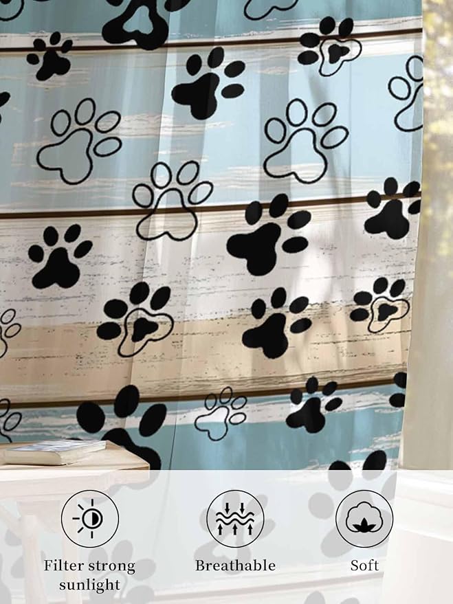 Sheer Curtains 96 Inches Long, Blue Beige Paw Print Semi Sheer Curtains Light Filtering Window Treatment, Vintage Farmhouse Country Wood Grain Privacy Voile Drapes for Living Room Bedroom 52x96 Inch