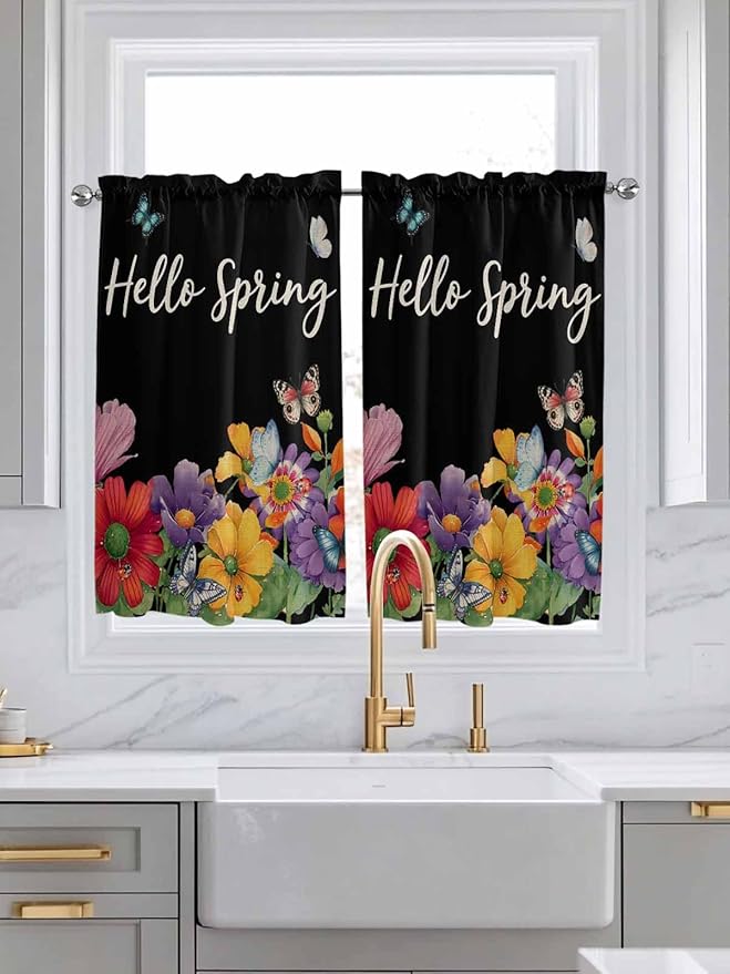 Spring Flowers Kitchen Curtains 54 Inches length, Watercolor Country Colorful Floral Black Window Treatment Curtain Drapes, Thermal Insulated Drapes for Basement Hotel RV, 42"x54", 2 Panels