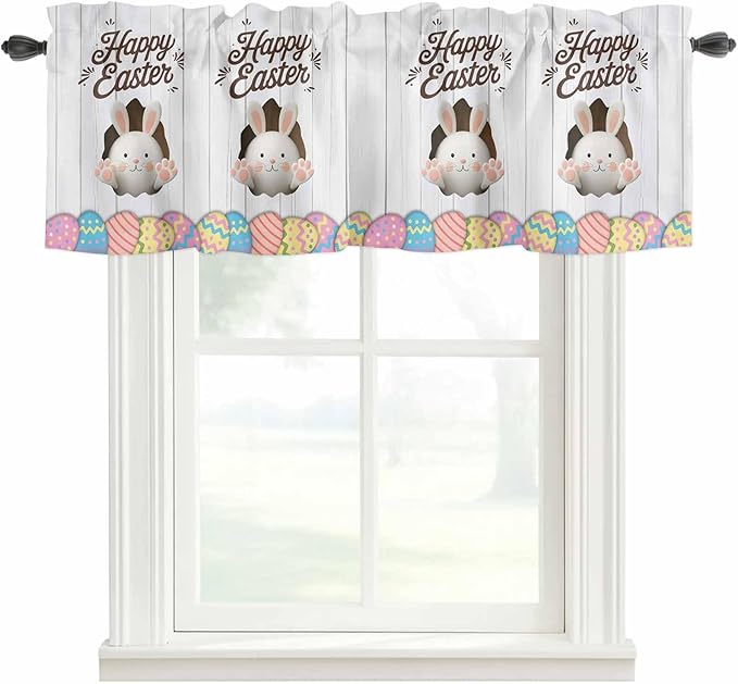 Grey Easter Curtain Valances for Windows, Kitchen Valance Window Treatment, Spring Cartoon Bunny Colorful Eggs Wood Grain Light Filtering Block Curtains for Bathroom/Bedroom/Living Room 60'' x 18''