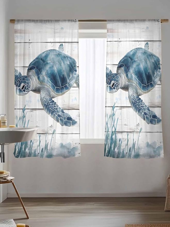 Sheer Curtains 72 Inches Long, Ocean Sea Turtle Semi Sheer Curtains Light Filtering Window Treatment, Coastal Seaweed Vintage Wood Grain Privacy Voile Drapes for Living Room Bedroom 52x72 Inch