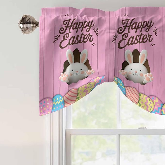 Pink Easter Tie Up Valance Curtains for Windows,Kitchen Curtains Window Shades,Easter Bunny Eggs Spring Cartoon Farmhouse Wood Grain Light Filtering Curtain Valances for Bedroom/Bathroom/Cafe 42"x12"