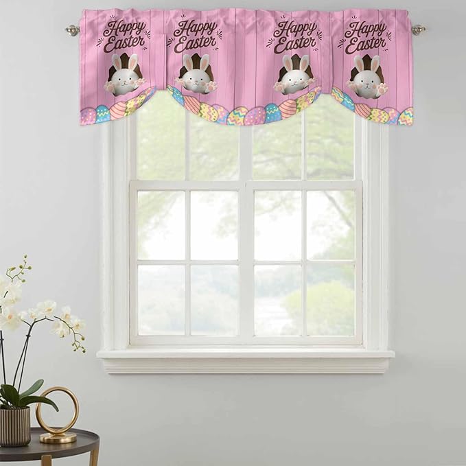 Pink Easter Tie Up Valance Curtains for Windows,Kitchen Curtains Window Shades,Easter Bunny Eggs Spring Cartoon Farmhouse Wood Grain Light Filtering Curtain Valances for Bedroom/Bathroom/Cafe 42"x18"