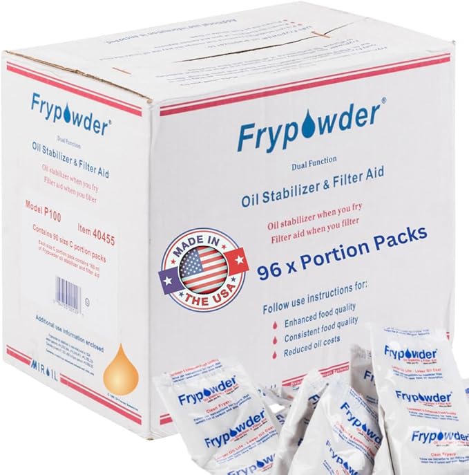 MirOil P100 Fry Powder Oil Stabilizer and Filter Aid, 90 x Size C Portion Pack(160ML Each) Fry Powder, Food Centers Cook Hotter, Deep Fryer Cooking Oil Saver Helps Save Grease & Remove Carbon Deposits