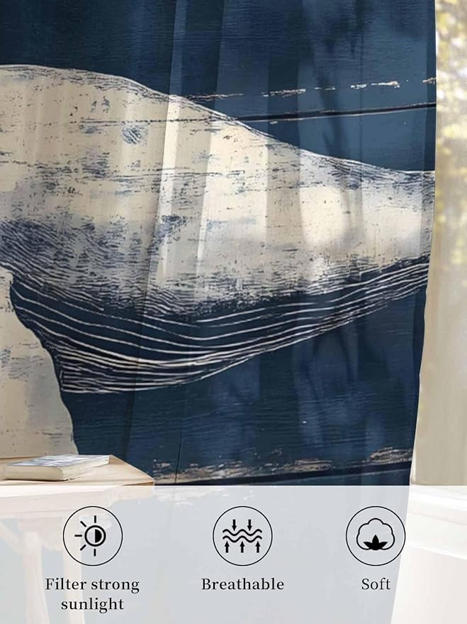 Sheer Curtains 45 Inch Length, Ocean Vintage Whale Semi Sheer Curtains Light Filtering Window Treatment, Summer Retro Wood Grain Privacy Voile Drapes for Living Room Bedroom 52x45 Inch