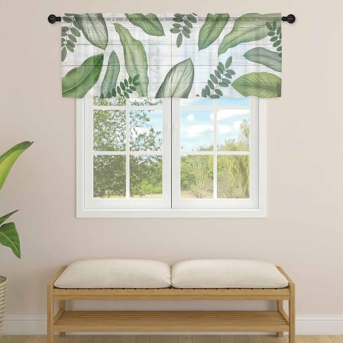 Summer Palm Leaf Sheer Valance Curtains, Green Tropical Plants Nature Leaves Wood Grain Light Filtering Kitchen Valances Rod Pocket Voile Curtain Treatment for Bedroom/Living Room/Basement 42Wx18L