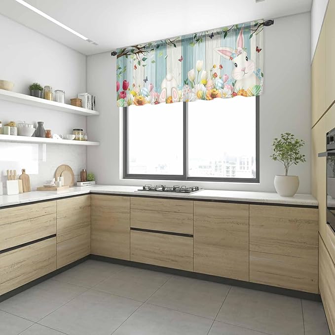 Easter Sheer Valances for Windows 42"x18", Light Filtering Kitchen Curtains Valance, Spring Watercolor Bunny Eggs Tulip Wooden Grain Rod Pocket Chiffon Curtains for Living Room Bedroom Cafe