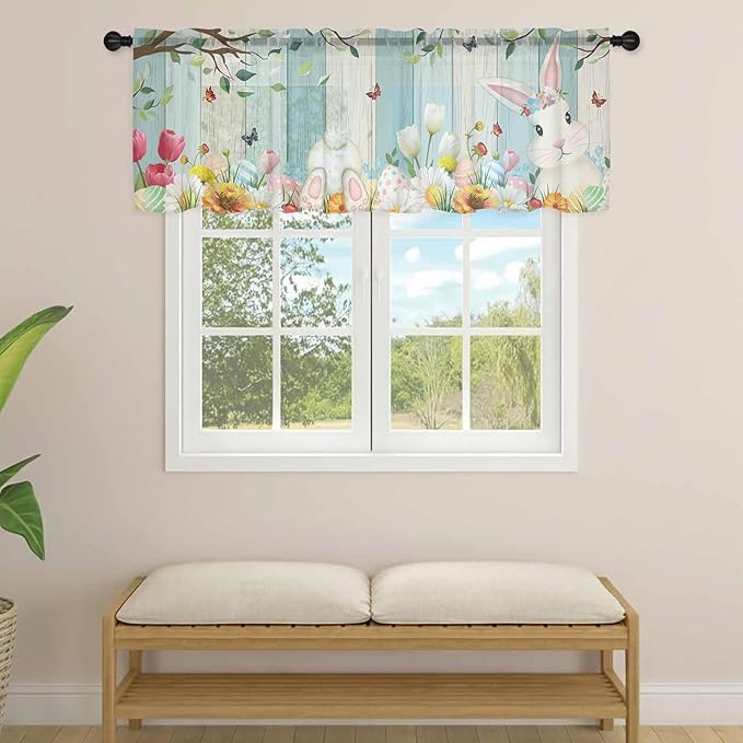 Easter Sheer Valances for Windows 60"x18", Light Filtering Kitchen Curtains Valance, Spring Watercolor Bunny Eggs Tulip Wooden Grain Rod Pocket Chiffon Curtains for Living Room Bedroom Cafe
