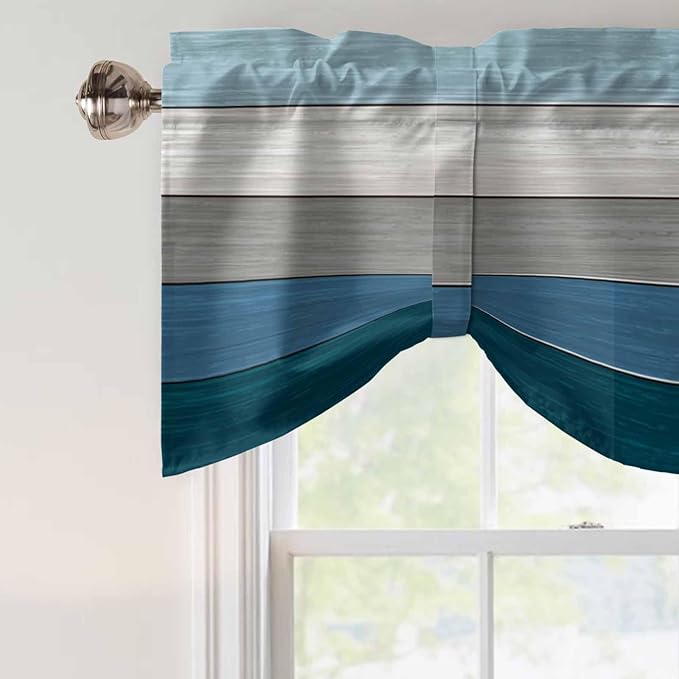 Blue Ombre Wooden Tie Up Valance Curtains for Windows, Kitchen Curtains Window Shades, Farmhouse Retro Wood Gradient Light Filtering Roman Curtain Valances for Bedroom/Bathroom/Cafe 60"x18"
