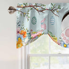 Easter Bunny Tie Up Valance Curtains for Windows, Kitchen Curtains Window Shades, Easter Eggs Spring Farmhouse Wood Grain Teal Blue Light Filtering Curtain Valances for Bedroom/Bathroom/Cafe 42"x18"