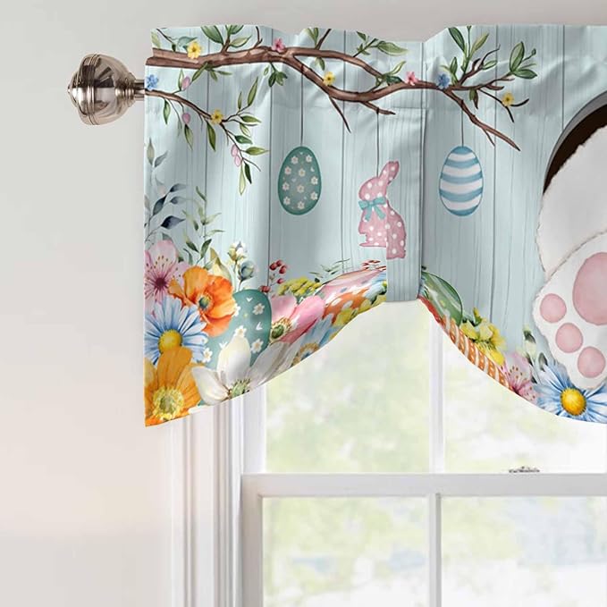 Easter Bunny Tie Up Valance Curtains for Windows, Kitchen Curtains Window Shades, Easter Eggs Spring Farmhouse Wood Grain Teal Blue Light Filtering Curtain Valances for Bedroom/Bathroom/Cafe 54"x18"