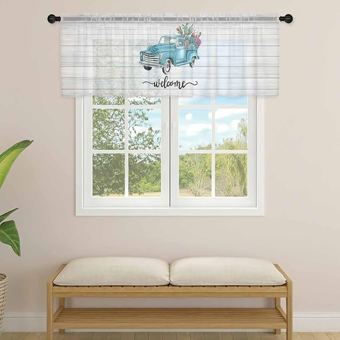 Welcome Sheer Valance Curtains, Summer Car with Cactus Succulents Grey Wood Grain Light Filtering Kitchen Valances Rod Pocket Voile Curtain Window Treatment for Bedroom/Living Room/Basement 42Wx12L