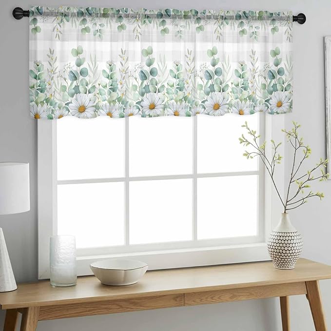 Eucalyptus Leaves Daisy Sheer Valance Curtains, Summer Farmhouses Gray Plaid Light Filtering Kitchen Valances Rod Pocket Voile Curtain Window Treatment for Bedroom/Living Room/Basement 54Wx18L