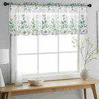 Eucalyptus Leaves Daisy Sheer Valance Curtains, Summer Farmhouses Gray Plaid Light Filtering Kitchen Valances Rod Pocket Voile Curtain Window Treatment for Bedroom/Living Room/Basement 54Wx18L