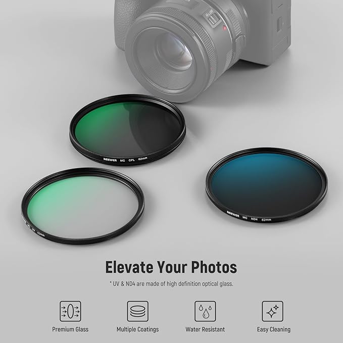 NEEWER 62mm UV/CPL/ND Lens Filter Kit with Hard Shell Storage Case, Multicoated Optical Glass & Aluminum Alloy Frame, UV + Circular Polarizer (CPL) + Neutral Density (ND4) Filter for Camera Lens