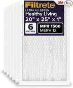 Filtrete 20x25x1 AC Furnace Air Filter, MERV 12, MPR 1500, CERTIFIED asthma & allergy friendly, 3 Month Pleated 1-Inch Electrostatic Air Cleaning Filter, 6-Pack (Actual Size 19.69x24.69x0.78)