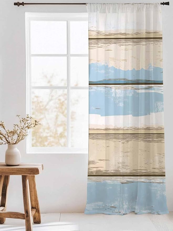 Sheer Curtains 96 Inches Long, Vintage Geometric Blue Semi Sheer Curtains Light Filtering Window Treatment, Abstract Country Shabby Wood Grain Privacy Voile Drapes for Living Room Bedroom 52x96 Inch