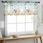 Easter Sheer Valances for Windows 42"x12", Light Filtering Kitchen Curtains Valance, Spring Watercolor Eggs Tulip Wooden Grain Teal Rod Pocket Chiffon Curtains for Living Room Bedroom Cafe
