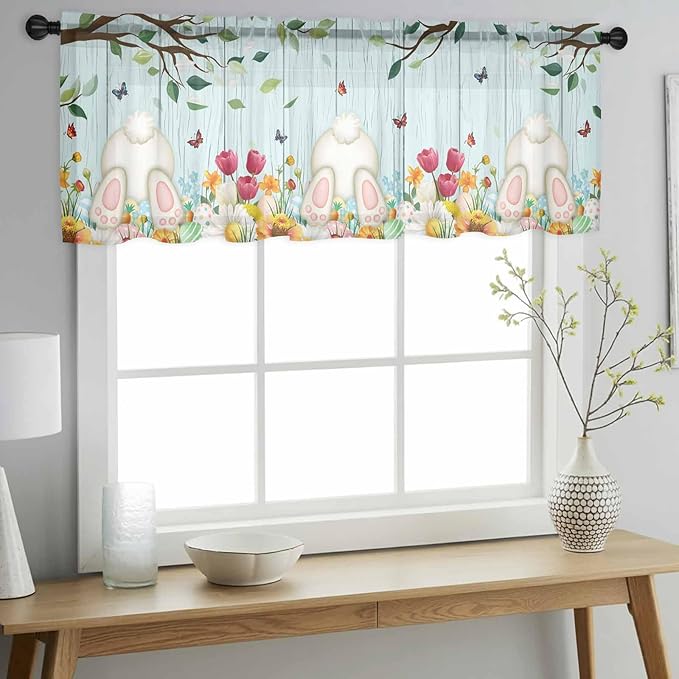 Easter Sheer Valances for Windows 54"x18", Light Filtering Kitchen Curtains Valance, Spring Watercolor Eggs Tulip Wooden Grain Teal Rod Pocket Chiffon Curtains for Living Room Bedroom Cafe