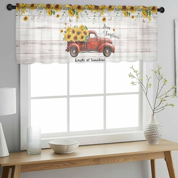 Farmhouses Sunflowers Sheer Valance Curtains, Retro Floral Leaves Red Truck Wood Grain Light Filtering Kitchen Valances Rod Pocket Voile Curtain Treatment for Bedroom/Living Room/Basement 42Wx18L