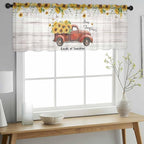 Farmhouses Sunflowers Sheer Valance Curtains, Retro Floral Leaves Red Truck Wood Grain Light Filtering Kitchen Valances Rod Pocket Voile Curtain Treatment for Bedroom/Living Room/Basement 54Wx18L
