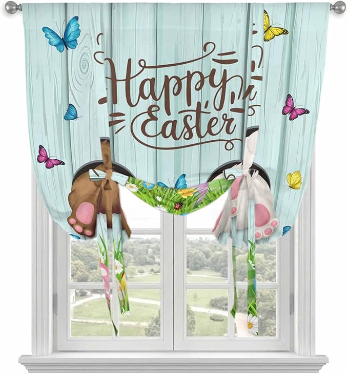 Tie Up Curtains,Happy Easter Bunny Butt Egg Floral Adjustable Rod Pocket Window Shade Curtain Drape Spring Plant on Aqua Wood Tie-Up Valance for Kitchen Bedroom Living Room Windows,42"x63"
