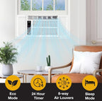 Whirlpool 8,000 BTU Window Air Conditioner with Dehumidifier, 115V, Window AC for Rooms up to 350 Sq. Ft., Living Room, Bedroom, or Apartment, with 3 Speeds, Remote Control, and 24H Timer, White