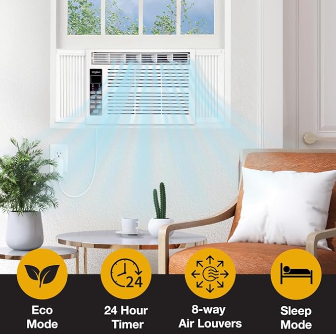 Whirlpool 8,000 BTU Window Air Conditioner with Dehumidifier, 115V, Window AC for Rooms up to 350 Sq. Ft., Living Room, Bedroom, or Apartment, with 3 Speeds, Remote Control, and 24H Timer, White