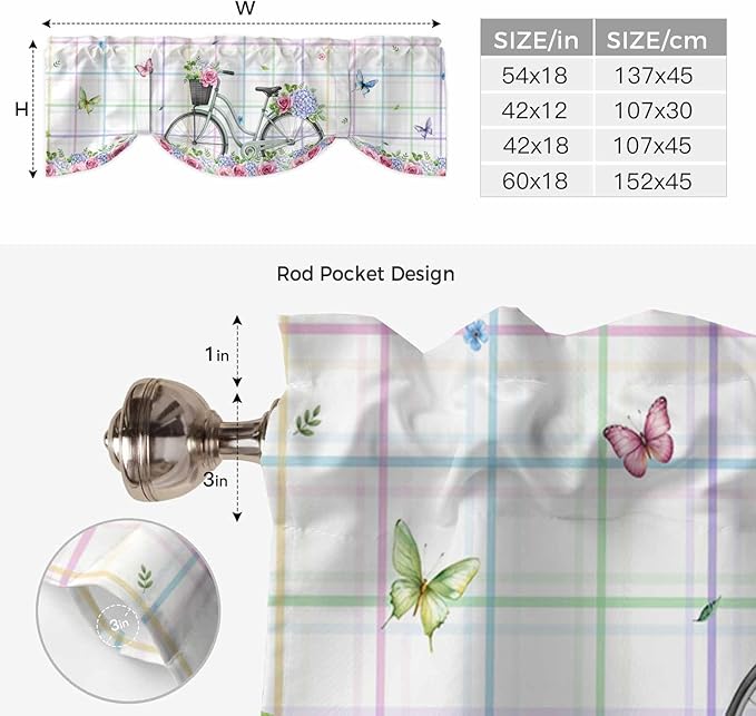 Spring Tie Up Valance Curtains for Windows, Kitchen Curtains Window Shades, Bicycles Botanical Leaves Rose Colorful Stripes Light Filtering Roman Curtain Valances for Bedroom/Bathroom/Cafe 42"x12"