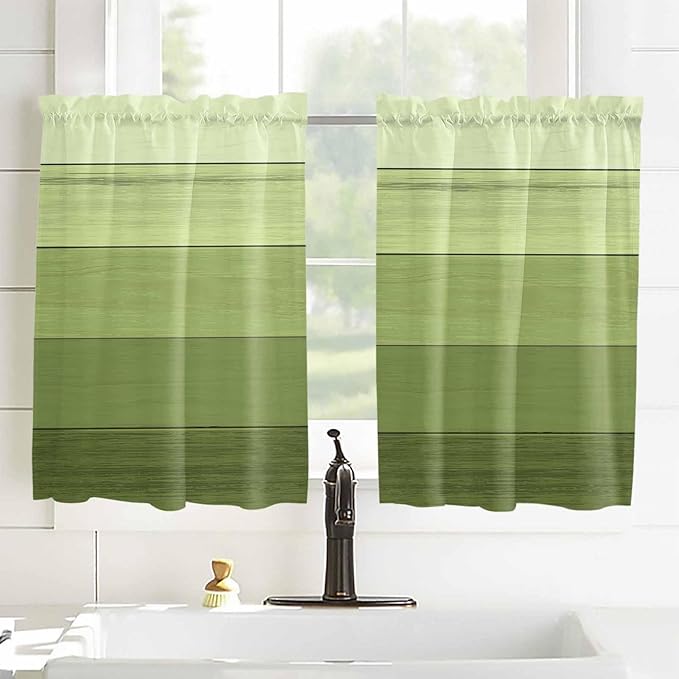 Gradient Green Wooden Board Window Valance Curtains, Retro Country Wood Grain Light Filtering Kitchen Valance with 3-inch Rod Pocket for Living Room Bathroom Bedroom,2 Panel,42x54In