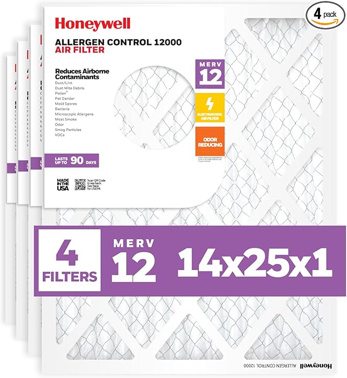 Honeywell 14x25x1 MERV 12 Electrostatic Pleated HVAC AC Furnace Air Filter (4-Pack) | Replacement Filter for Home Use | Made in USA