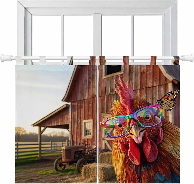 Farm Rooster Bedroom Curtains 63 Inch Length, Window Curtains Tab Top, Farmhouse Barn Funny Animals Butterfly Light Filtering Window Treatments Drapes 42"x63" 2 Panel