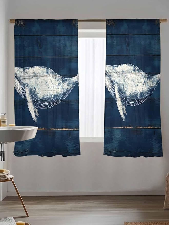 Sheer Curtains 72 Inches Long, Summer Whale Semi Sheer Curtains Light Filtering Window Treatment, Ocean Watercolor Wooden Grain Blue Privacy Voile Drapes for Living Room Bedroom 52x72 Inch