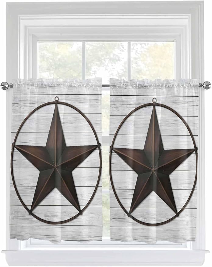 Vintage Farm Western Star Window Valance Curtains, White Wood Grain Light Filtering Kitchen Valance with 3-inch Rod Pocket for Living Room Bathroom Bedroom,2 Panel,52x45In