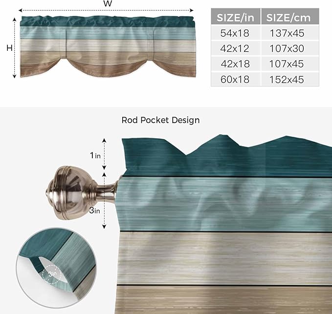 Teal Brown Tie Up Valance Curtains for Windows, Kitchen Curtains Window Shades, Farmhouse Vintage Abstract Wooden Grain Light Filtering Roman Curtain Valances for Bedroom/Bathroom/Cafe 42"x12"