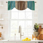 Teal Blue Brown Tie Up Valance Curtains for Windows, Kitchen Curtains Window Shades, Farmhouse Retro Wooden Grain Stripes Light Filtering Roman Curtain Valances for Bedroom/Bathroom/Cafe 60"x18"