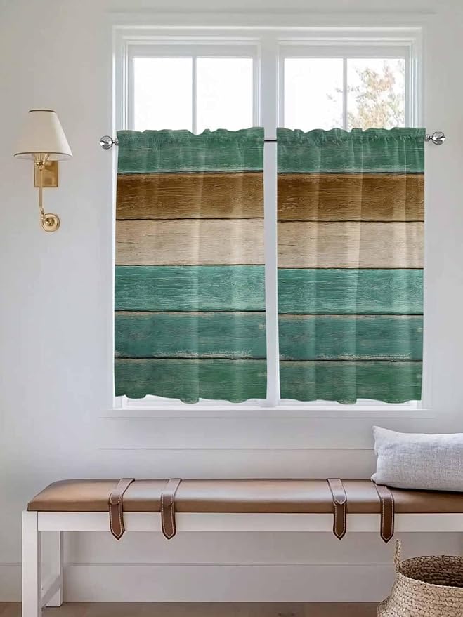 Vintage Plank Turquoise Brown Window Valance Curtains, Farmhouse Wood Grain Light Filtering Kitchen Valance with 3-inch Rod Pocket for Living Room Bathroom Bedroom,2 Panel,52x54In