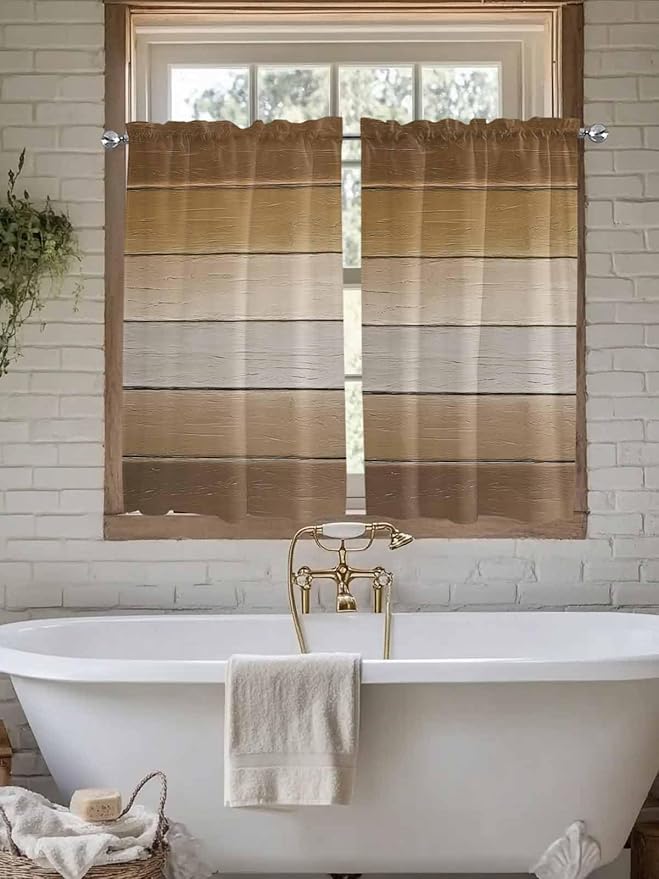 Vintage Brown Gradient Wood Grain Window Valance Curtains, Farmhouse Wood Barn Light Filtering Kitchen Valance with 3-inch Rod Pocket for Living Room Bathroom Bedroom,2 Panel,42x54In
