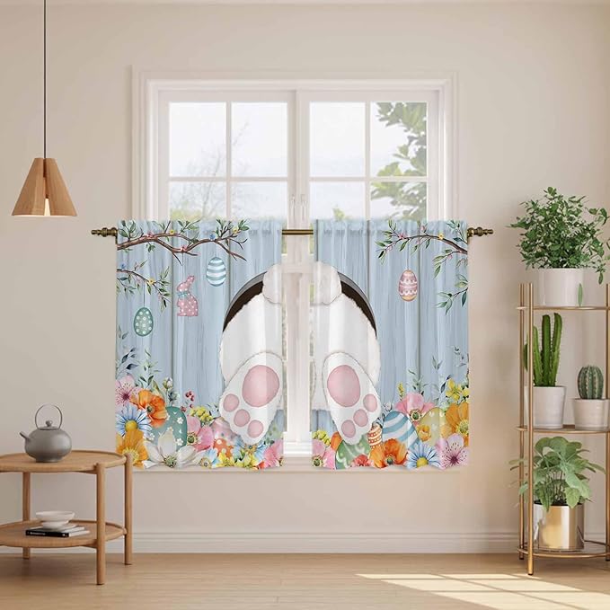 Easter Kitchen Curtains 45 Inch Long 2 Panel Set,Rod Pocket Window Treatment,Spring Watercolor Bunny Eggs Flower Wood Grain Blue Light Filtering Short Curtains & Drapes Laundry 52"W x 45"L